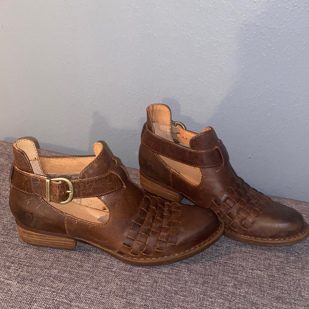 Born Dark Brown Woven Leather Booties
